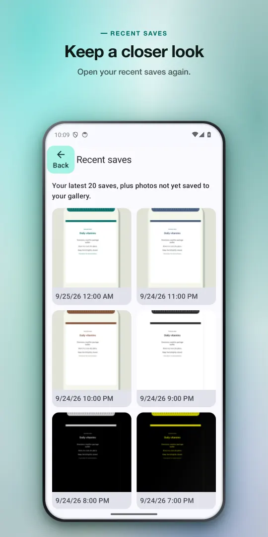Recent saves grid showing saved magnified photos