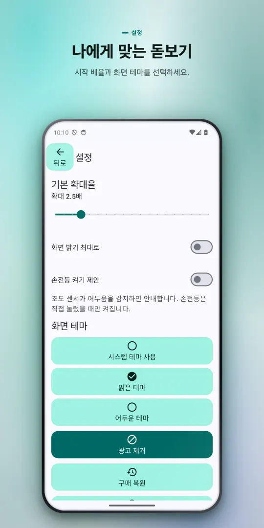 기본 배율, 최대 화면 밝기, 손전등 켜기 제안, 화면 테마 설정