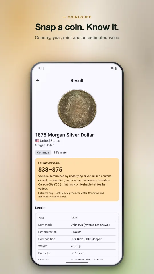 Result screen for an 1878 Morgan silver dollar: estimated value range, rarity badge, 95% match and a details table
