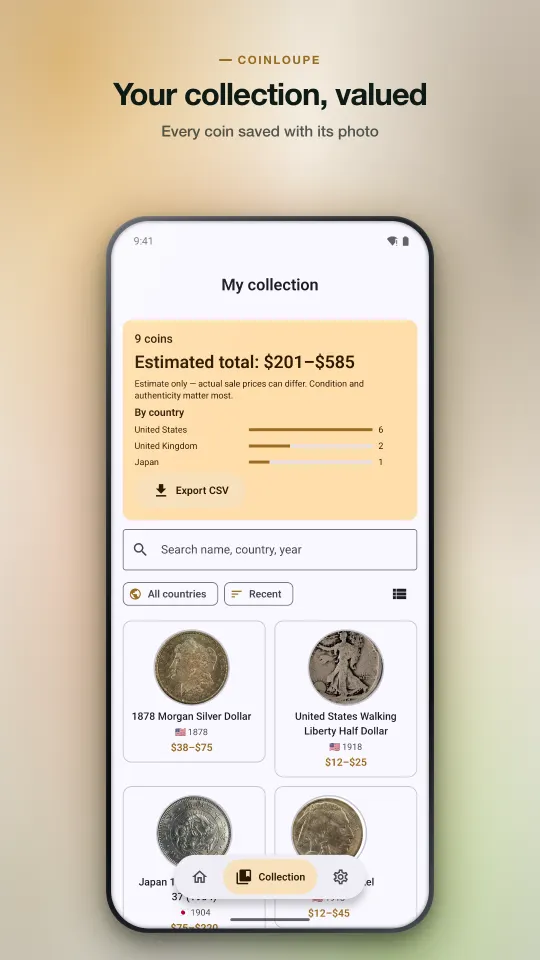 Coin collection grid with an estimated total range, coins by country and CSV export