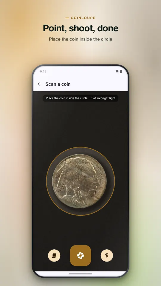 Camera screen with a circular guide for placing the coin flat in good light