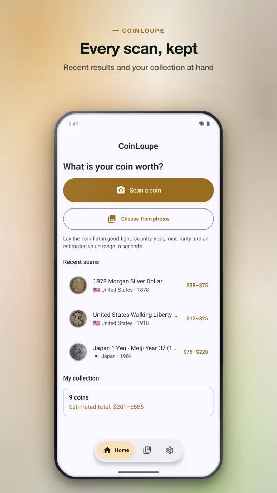 Home screen with Scan a coin, Choose from photos and free scans left today